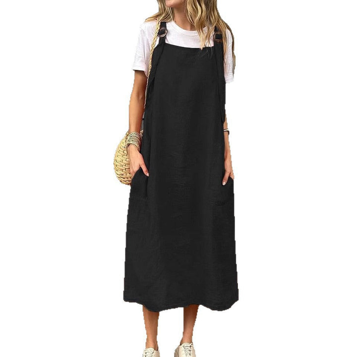 Damen Lässiges Leinen-Latzkleid mit praktischen Seitentaschen und verstellbaren Trägern Echoarchiv