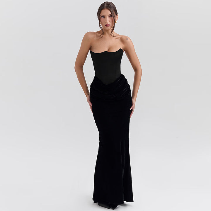 Damen elegantes A-Linien-Maxikleid mit gerafftem Oberteil und trägerlosem Design Echo Archiv