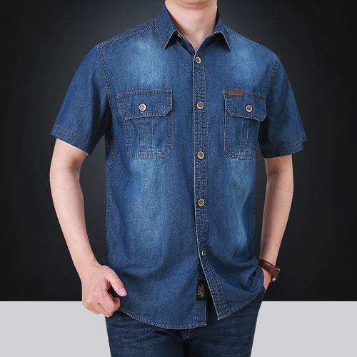 Herren kurzärmeliges Denim-Hemd mit aufgesetzten Taschen Echoarchiv