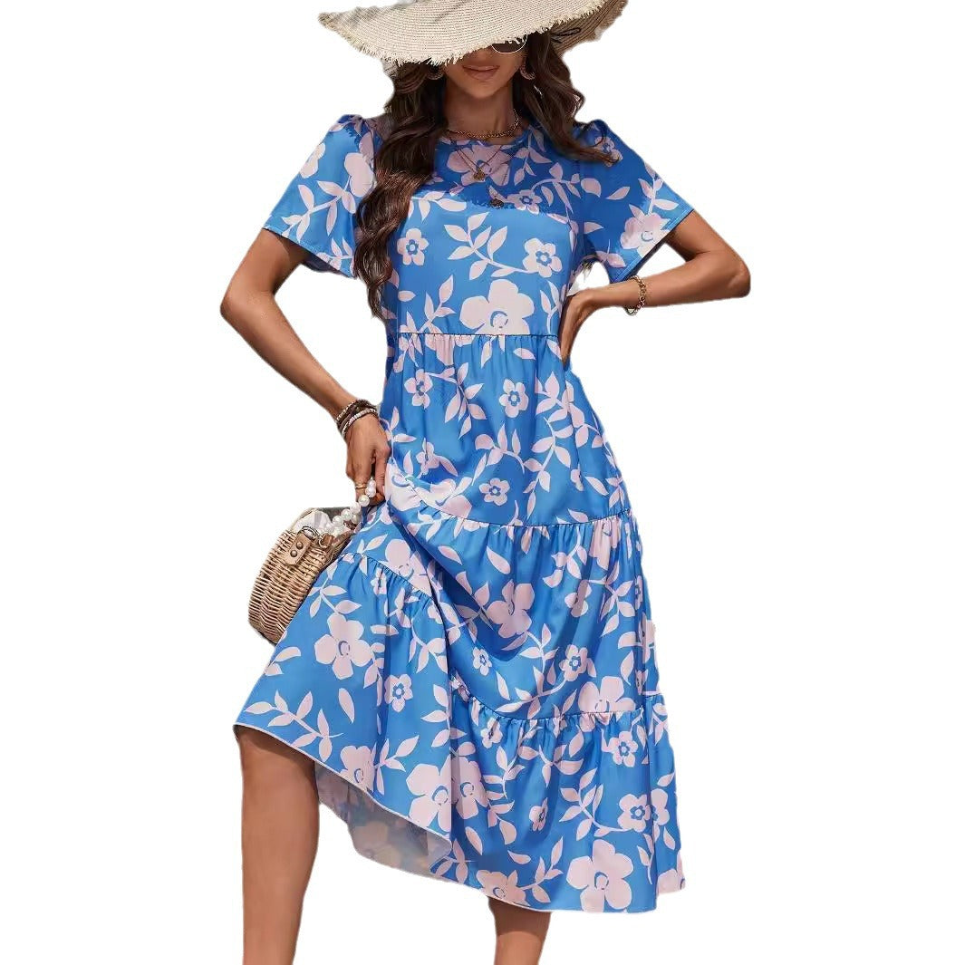 Damen nan luftiges Stufenmidikleid mit hoher Taillennaht, kurzem Ärmel und durchgehendem Blumenmuster Echo Archiv