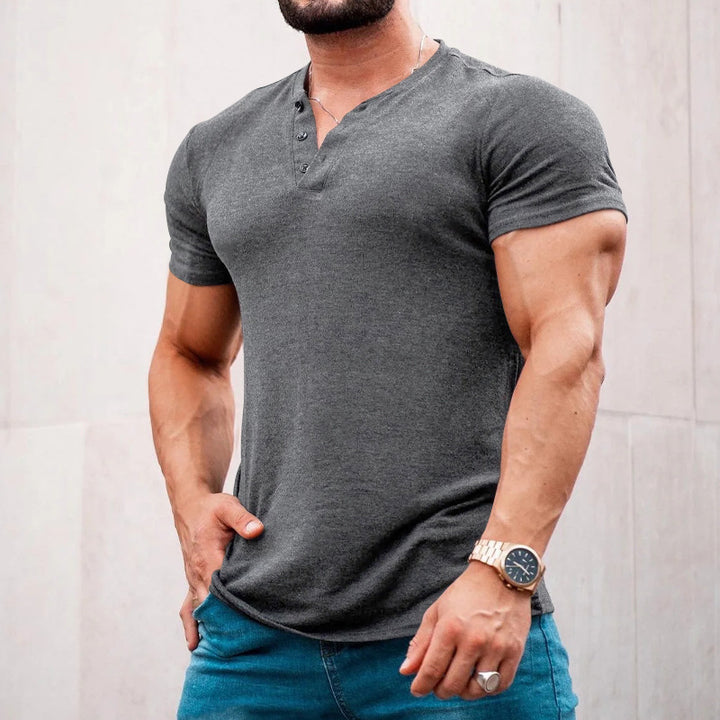 Herren Kurzarm-Henley-T-Shirt aus atmungsaktiver Baumwolle mit dekorativer Knopfleiste Echoarchiv