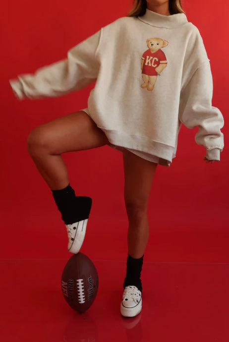 Damen nan weit geschnittener Sweatpullover mit Teddybär-Print und Stehkragen Echo Archiv