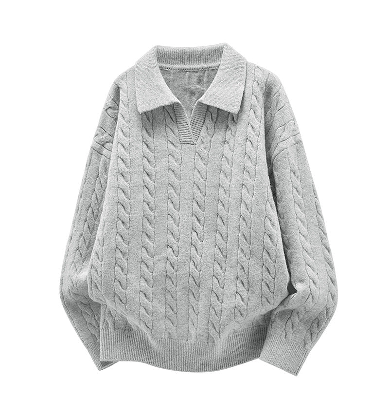 Damen Oversize Kabelstrick-Polo-Pullover mit V‑Ausschnitt und geripptem Saum Echoarchiv