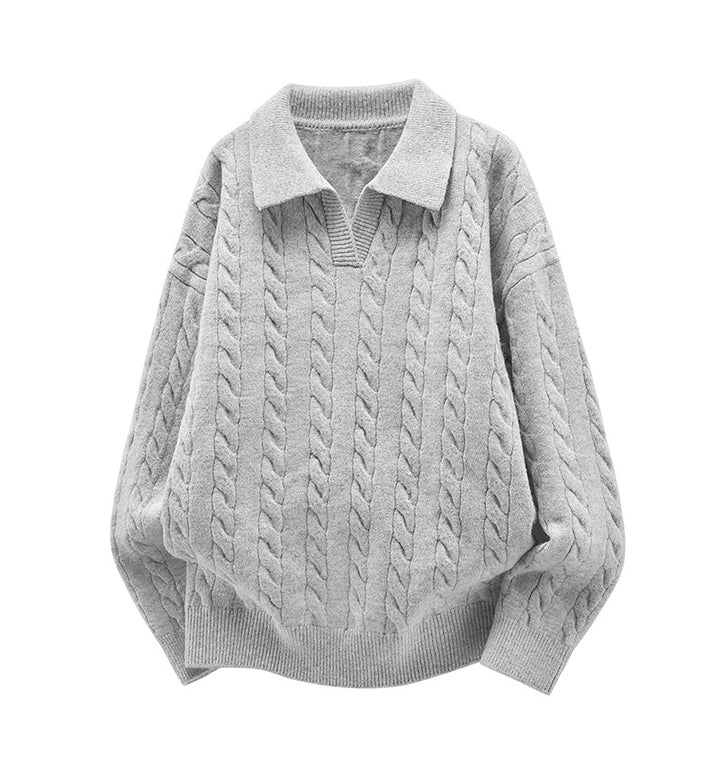 Damen Oversize Kabelstrick-Polo-Pullover mit V‑Ausschnitt und geripptem Saum Echoarchiv