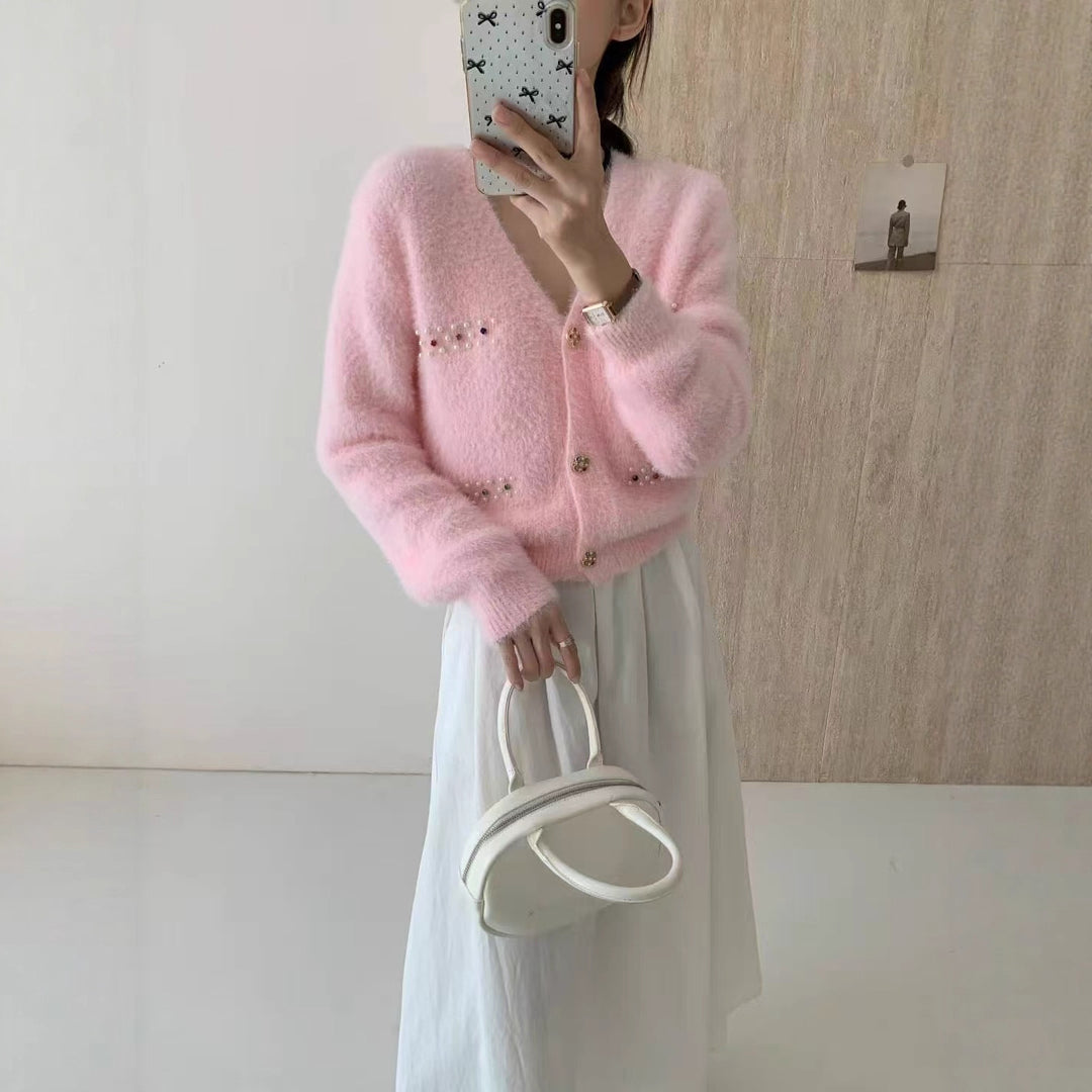 Damen Verspielter V-Ausschnitt Cardigan mit Perlen Echo Archiv