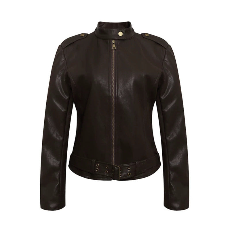 Damen Taillierte Lederoptik-Jacke mit Stehkragen, Schulterklappen und Taillengürtel Echoarchiv