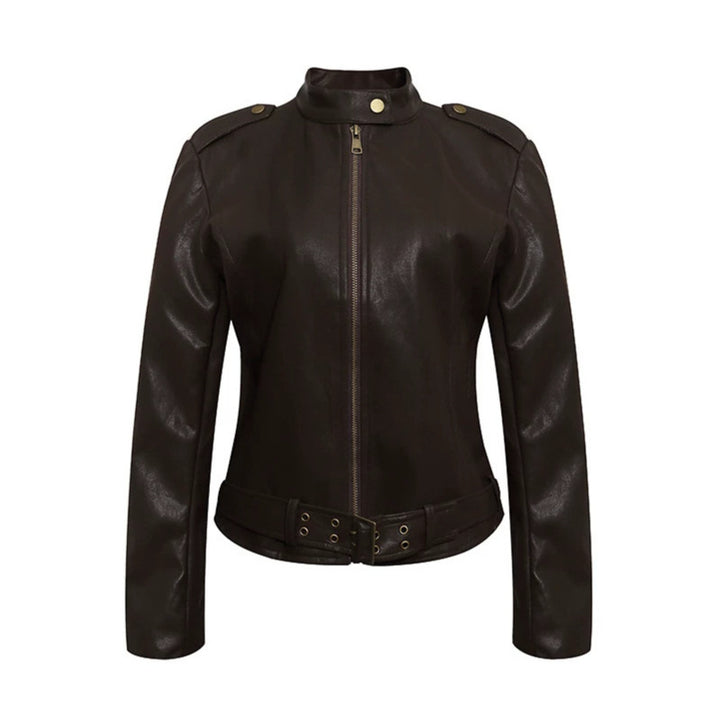 Damen Taillierte Lederoptik-Jacke mit Stehkragen, Schulterklappen und Taillengürtel Echoarchiv
