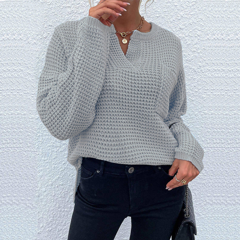 Damen Waffelstrick-Pullover mit V-Schlitz, oversized Schnitt und Ballonärmeln Echo Archiv