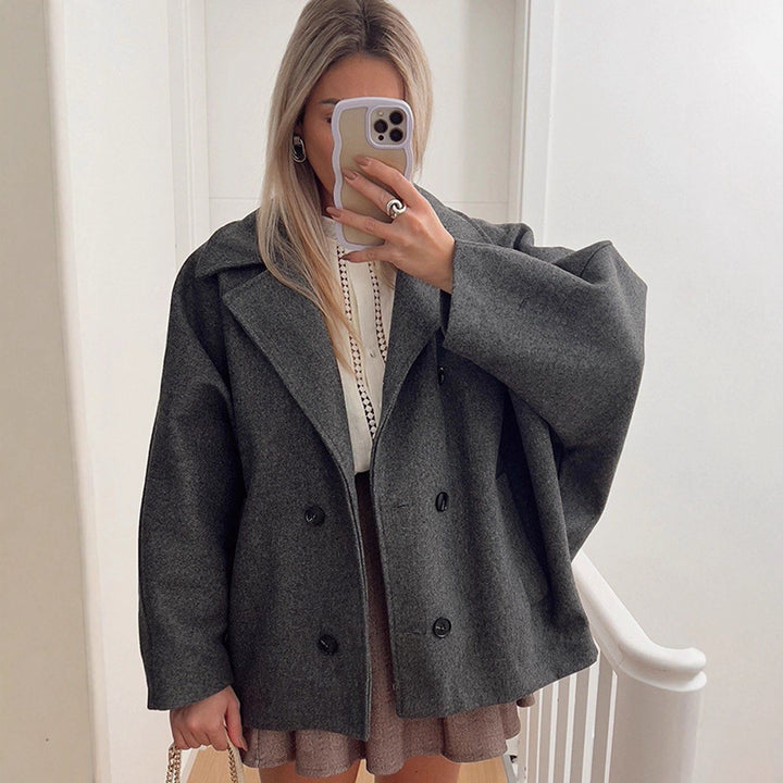 Damen Boxy-Wollmix-Cocoon-Jacke mit doppelreihiger Knopfleiste und weitem Revers Echoarchiv