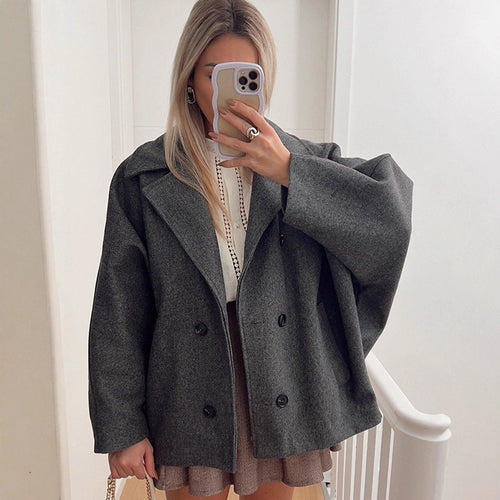 Damen Boxy-Wollmix-Cocoon-Jacke mit doppelreihiger Knopfleiste und weitem Revers Echoarchiv
