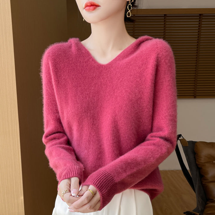 Damen Weicher Mohair‑Optik Kapuzenpullover mit V‑Ausschnitt und geripptem Saum Echoarchiv