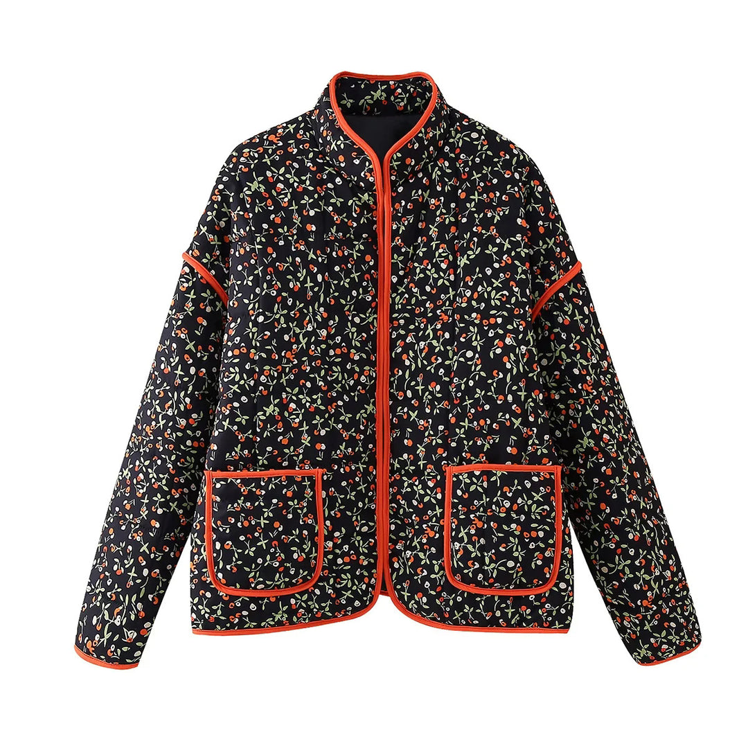 Damen gesteppte Blumenjacke mit Stehkragen Reißverschluss und aufgesetzten Taschen – Célinea