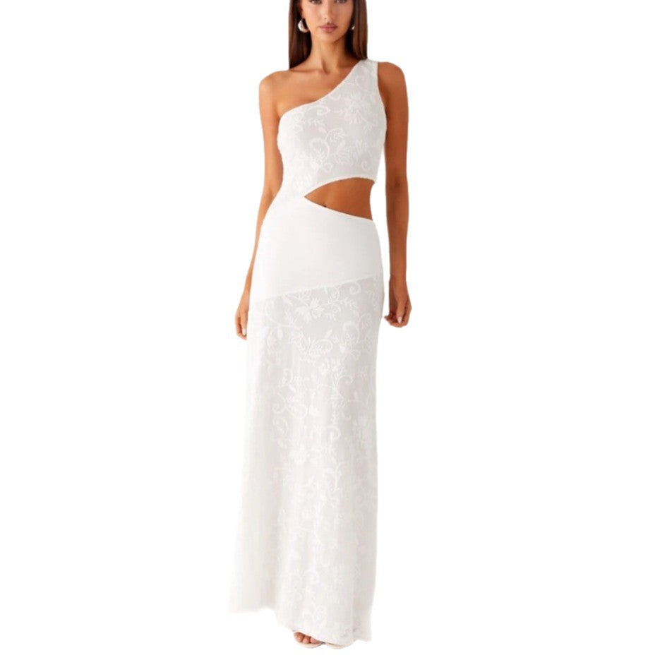 Damen Elegantes Maxikleid mit asymmetrischem Schnitt und floralem Spitzenbesatz Echo Archiv