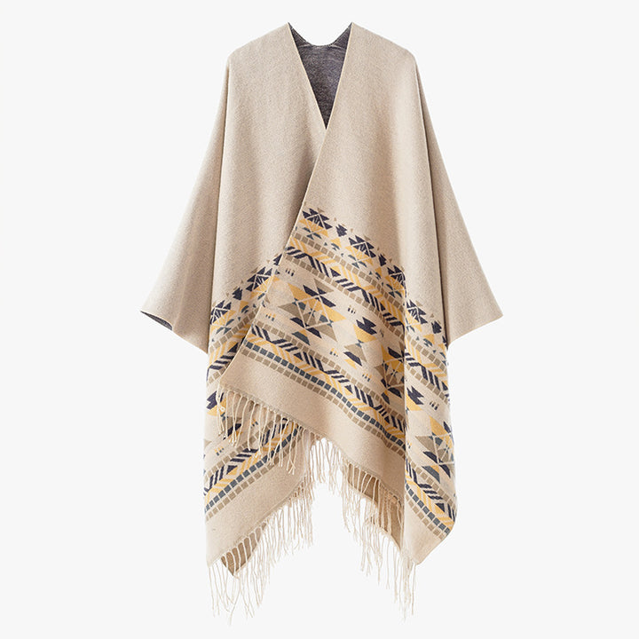Damen V-Kragen-Überwurfponcho im Kimono-Fall mit Ethno-Bordüre und Fransensaum Echo Archiv