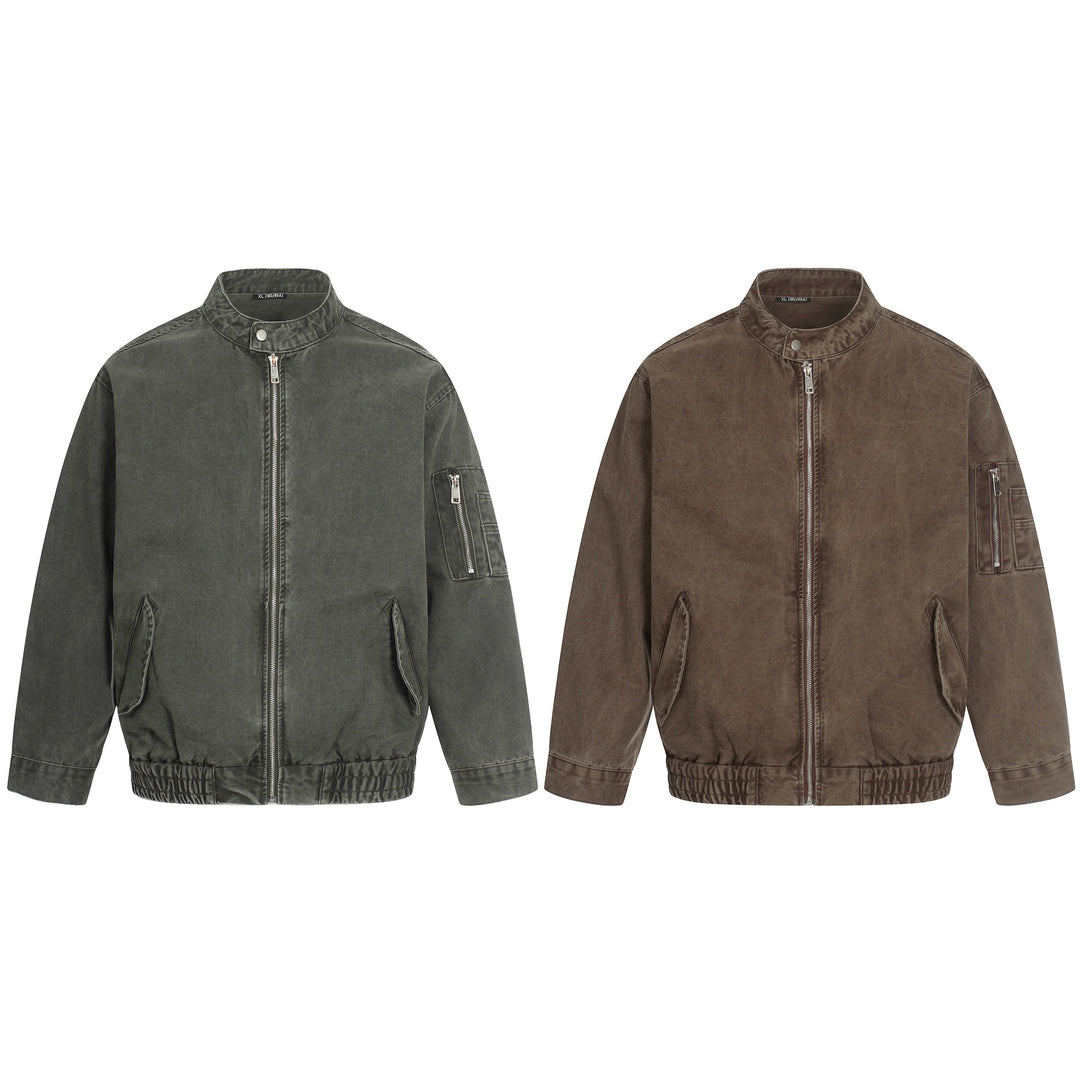 Herren kurz geschnittene Vintage‑Wasch Bomberjacke im Boxy‑Cut mit Stehkragen und Ärmel‑Reißverschluss Echoarchiv