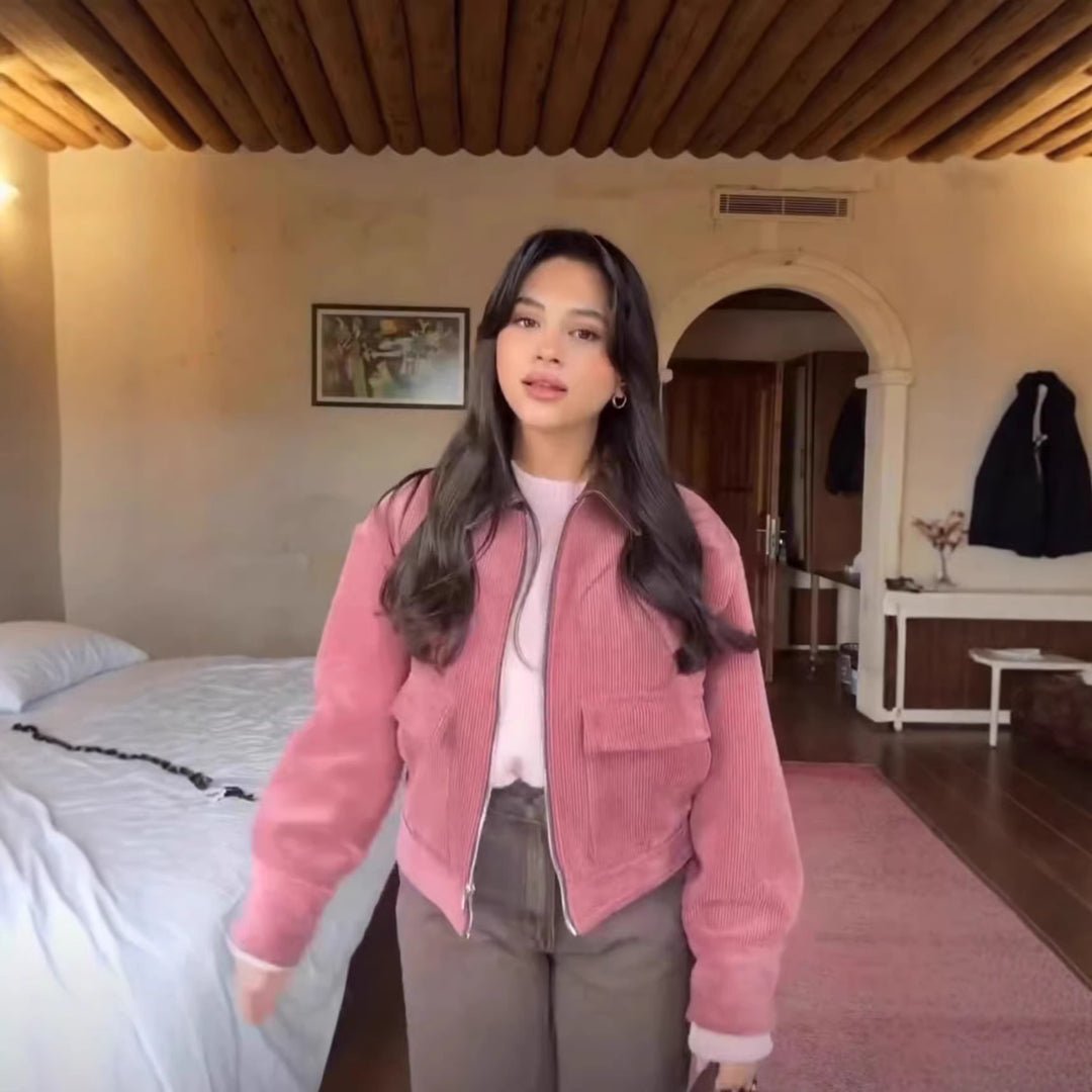 Damen Cordjacke mit Reißverschluss, Kunstlederkragen und aufgesetzten Taschen Echo Archiv