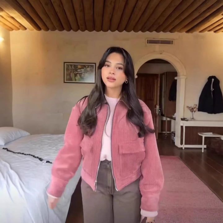 Damen Cordjacke mit Reißverschluss, Kunstlederkragen und aufgesetzten Taschen Echo Archiv