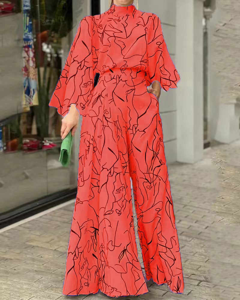 Damen Eleganter Longline Jumpsuit mit Stehkragen, Ballonärmeln und Seitentaschen Echoarchiv