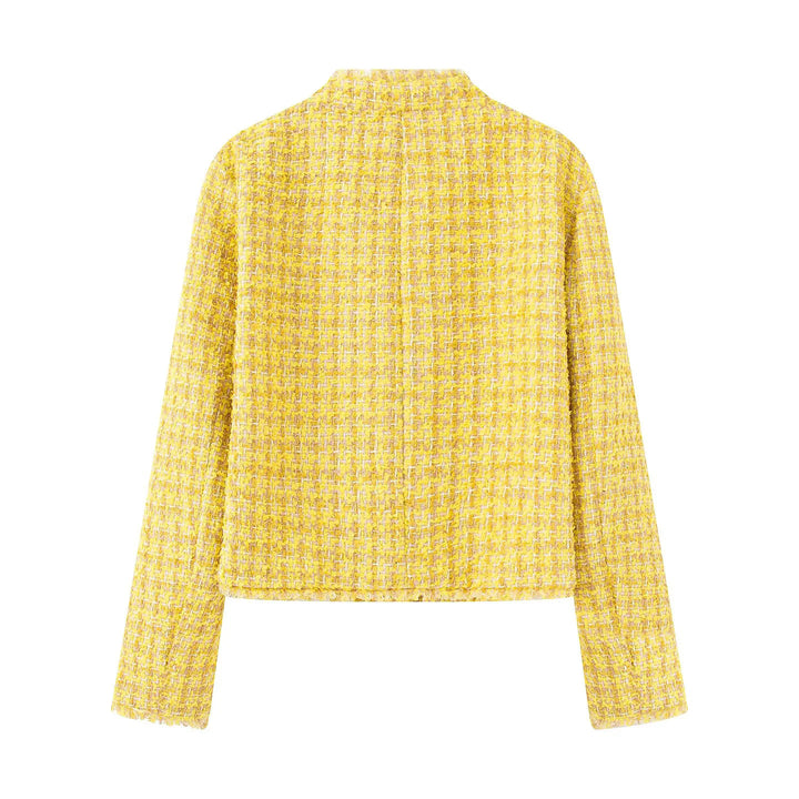 Damen kurze Bouclé-Tweedjacke mit goldenen Zierknöpfen, aufgesetzten Taschen und Fransenbesatz – Célinea