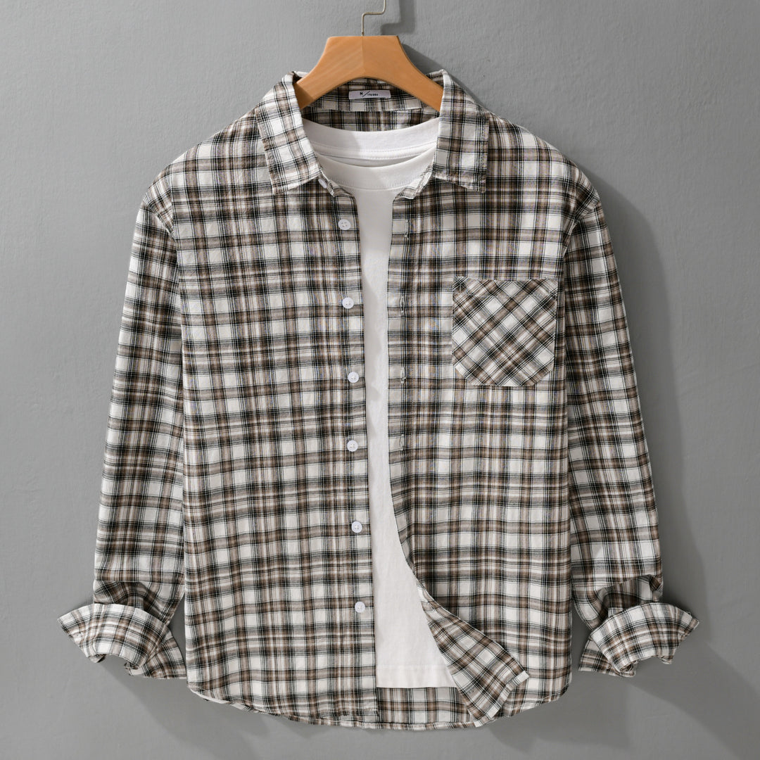 Herren Lockeres Karo-Layering-Hemd aus leichtem Baumwollmix mit aufgesetzter diagonal gemusterter Brusttasche Echoarchiv