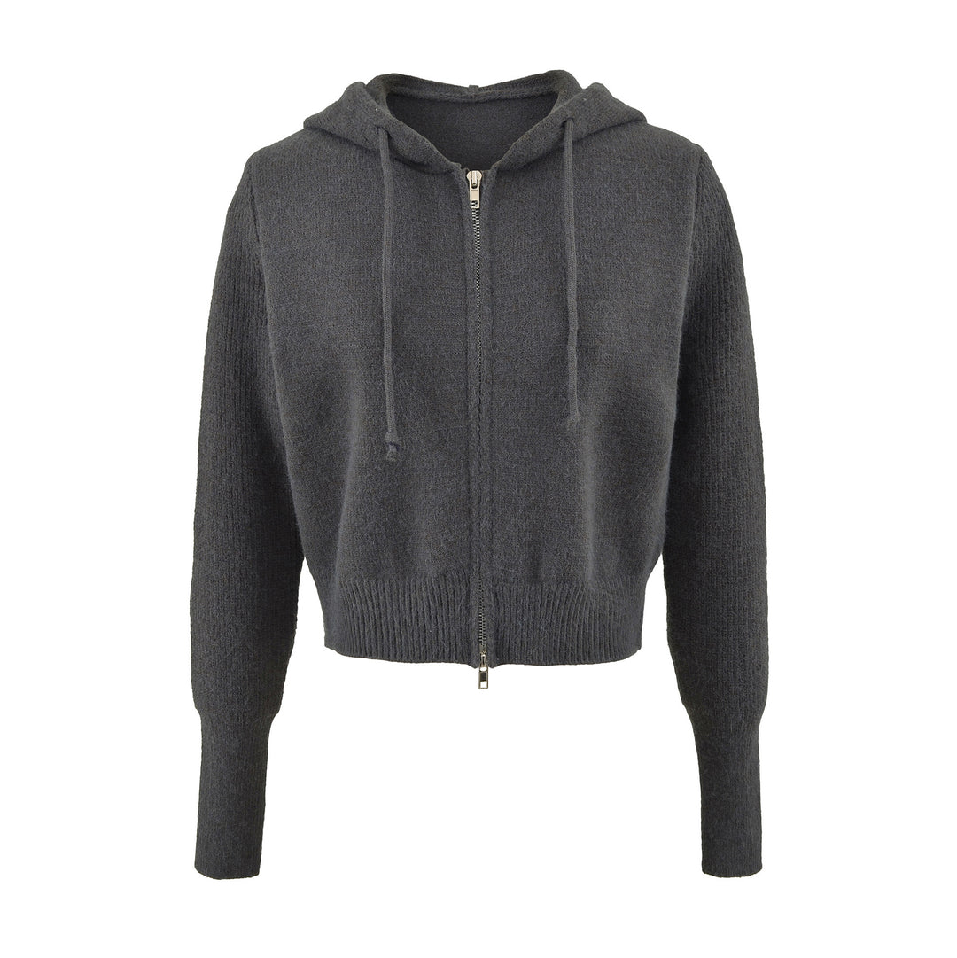 Damen Kurze Kapuzen-Strickjacke mit Reißverschluss und tailliertem Rippenbund Echoarchiv