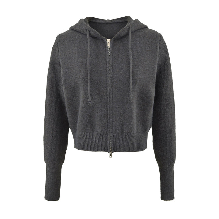 Damen Kurze Kapuzen-Strickjacke mit Reißverschluss und tailliertem Rippenbund Echoarchiv