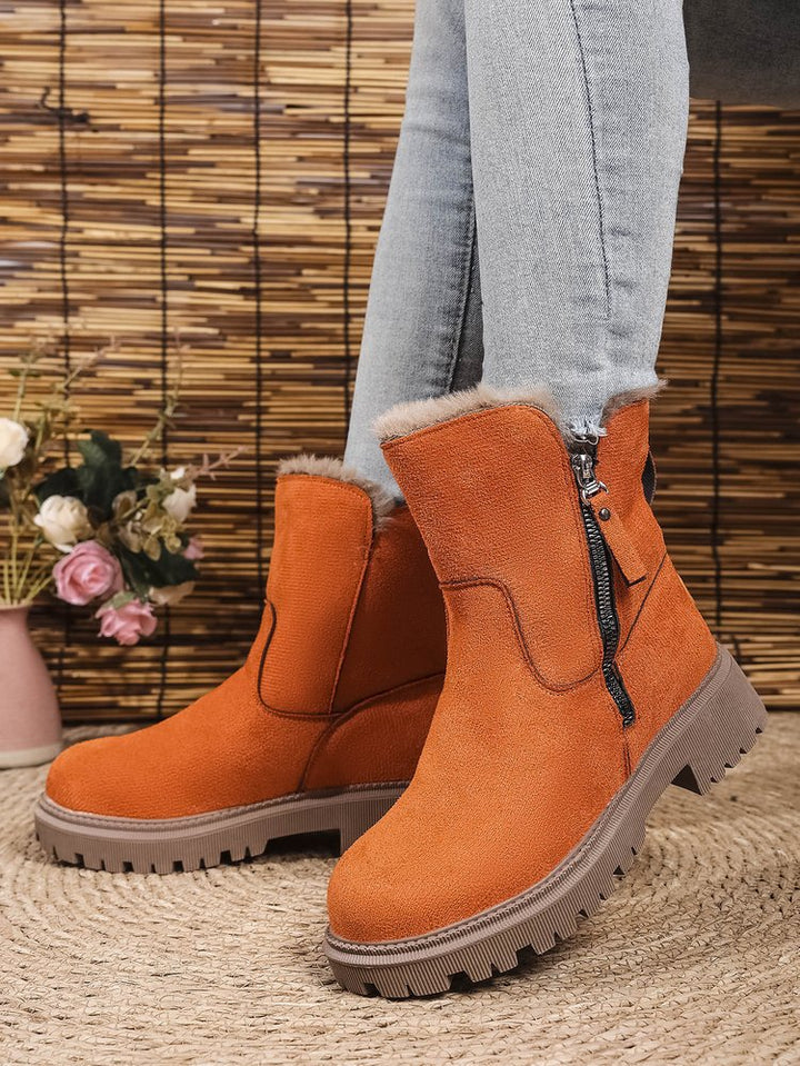 Damen Gefütterte Wildlederoptik Stiefeletten mit Teddyfutter, seitlichem Reißverschluss und profilierter Gummisohle – Varelle