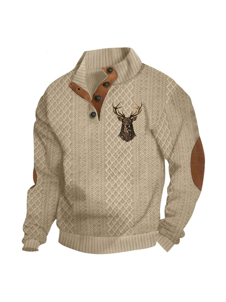 Herren nan Heritage-Strukturpullover mit Stehkragen Lederimitat-Besatz Ellenbogen-Patches und Halbknopfleiste Echo Archiv