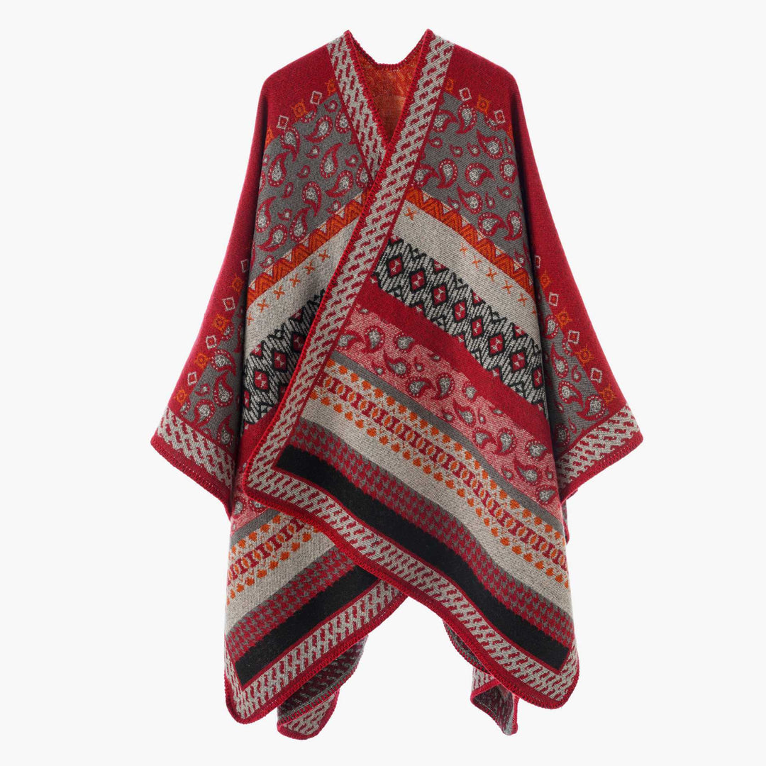 Damen Strickcape im Paisley‑Jacquard mit asymmetrischem Saum – Avérine