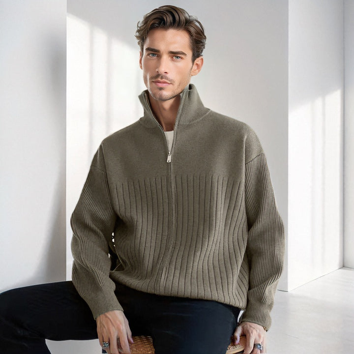 Herren Halbzip-Strickpullover mit hohem Stehkragen und breitem Rippenmuster Echoarchiv