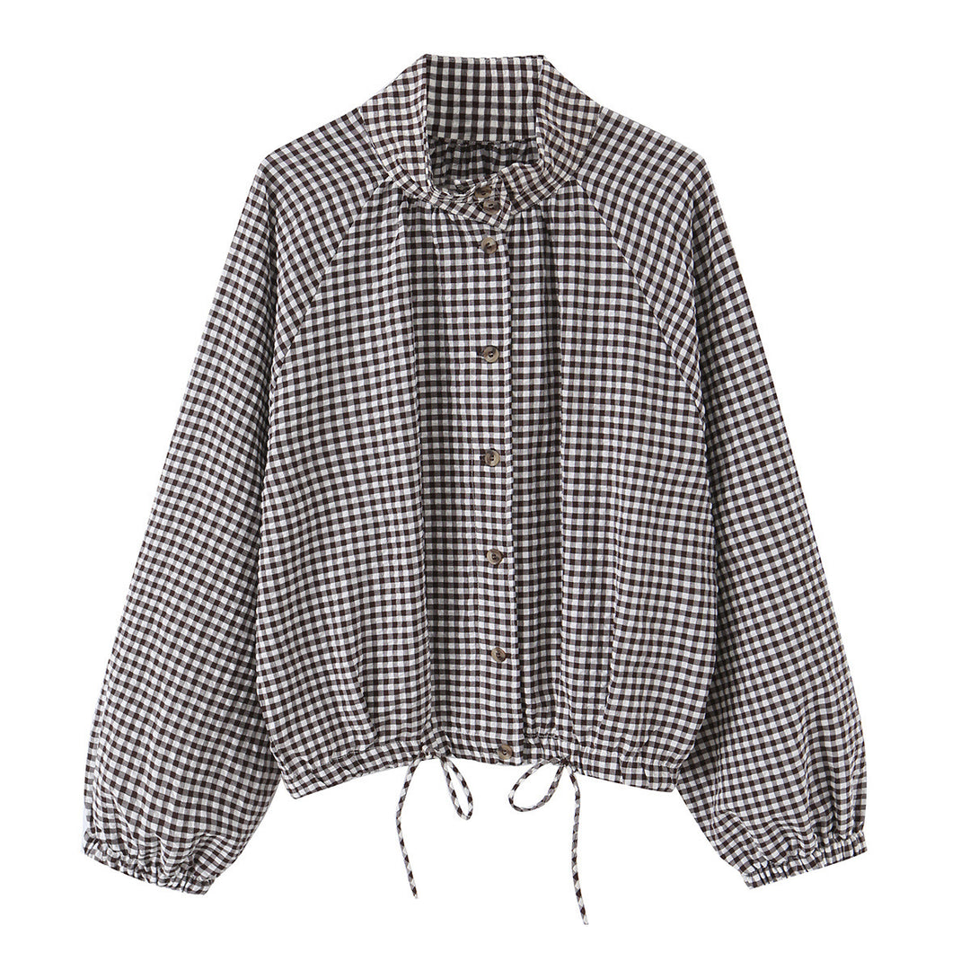 Damen Karierter Gingham-Blouson mit Tunnelzug-Saum, Raglanärmeln und Stehkragen Echo Archiv