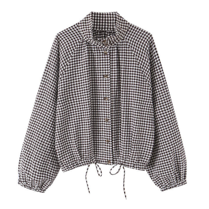 Damen Karierter Gingham-Blouson mit Tunnelzug-Saum, Raglanärmeln und Stehkragen Echo Archiv