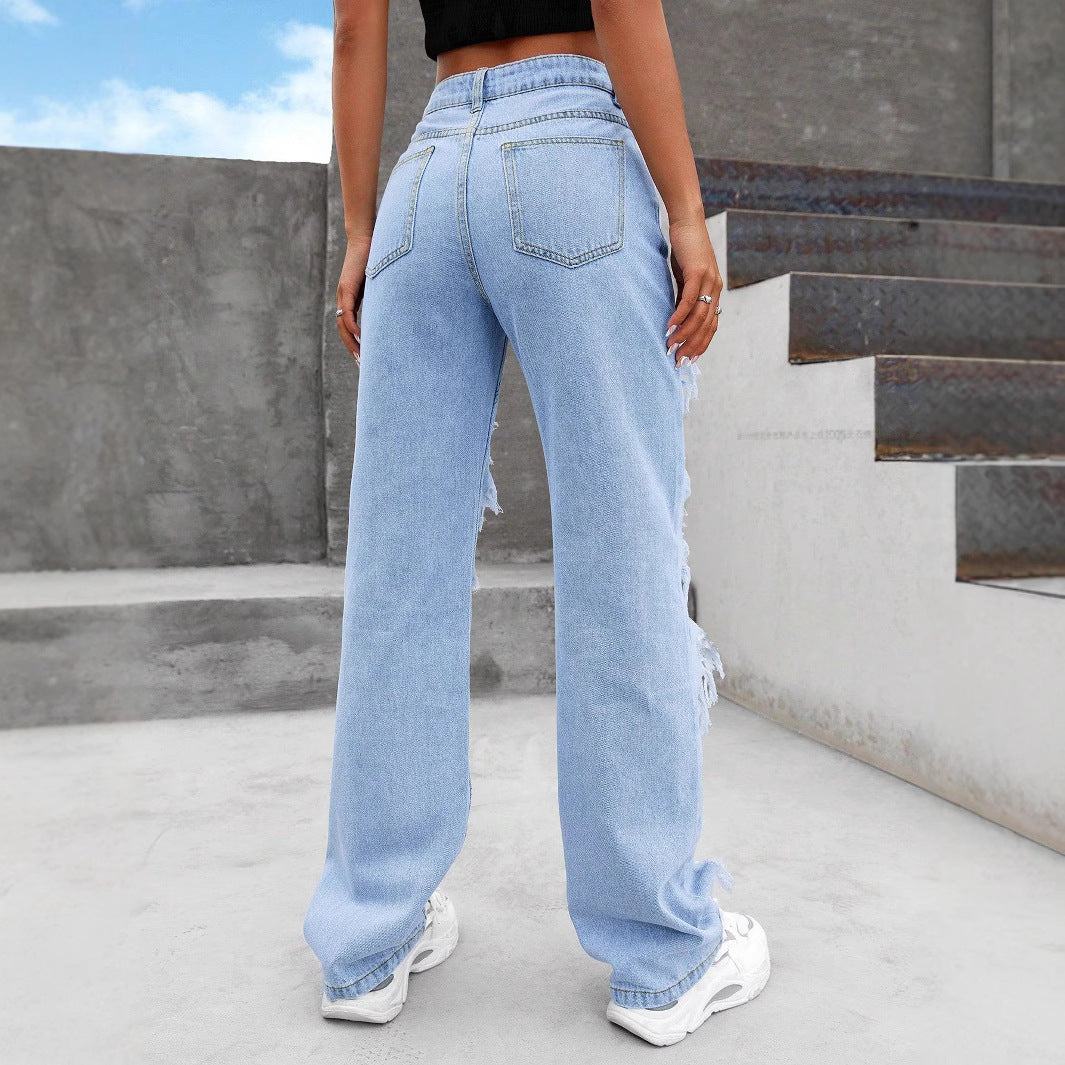 Damen Stark zerrissene Wide-Leg Denim-Jeans mit Fransen-Details Echo Archiv