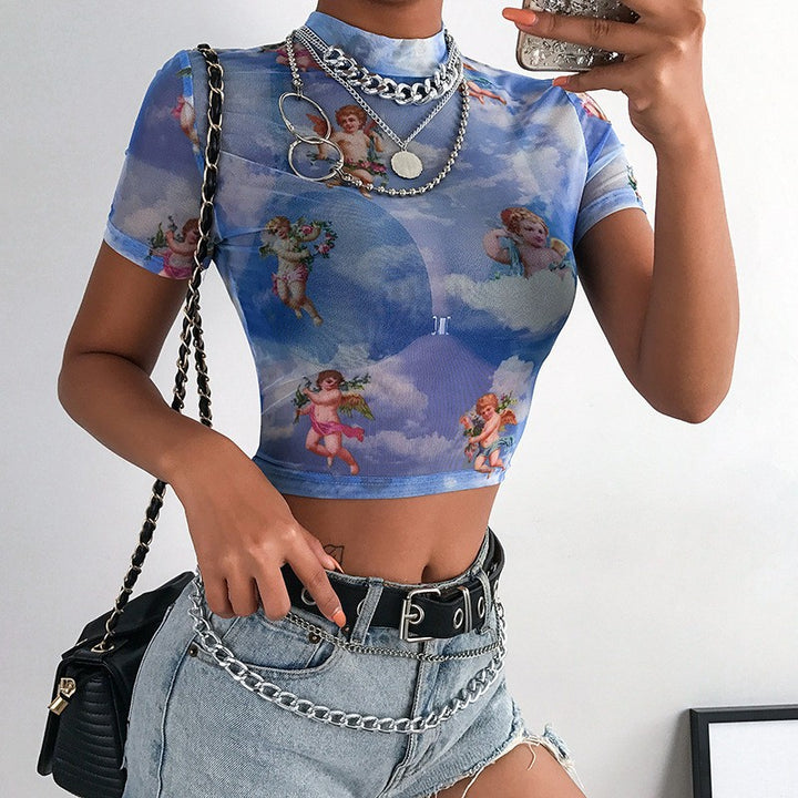 Damen Hochgeschlossenes Crop-Top mit romantischem Engelmotiven Echo Archiv