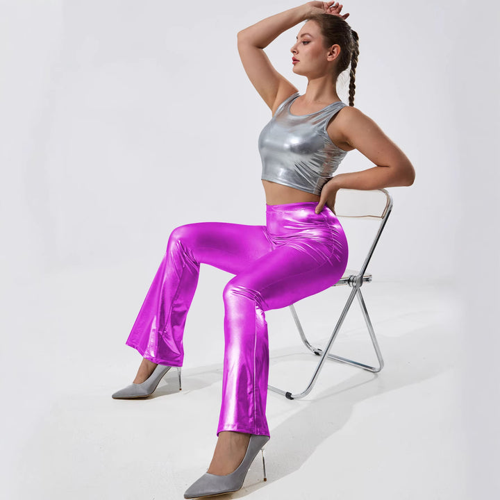 Damen Glänzende High-Waist Schlaghose mit Metallic-Finish echoarchiv-