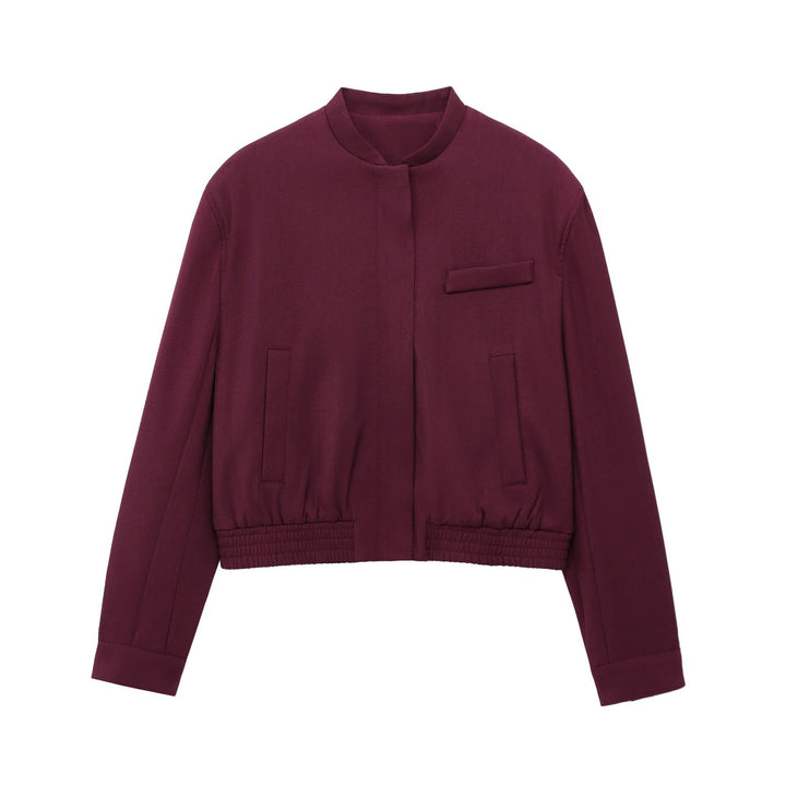 Damen kurze Stehkragen-Blousonjacke mit verdeckter Frontleiste, taillierter Rippbund-Details und dekorativen Paspeltaschen – Célinea
