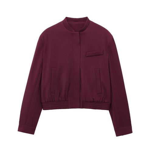 Damen kurze Stehkragen-Blousonjacke mit verdeckter Frontleiste, taillierter Rippbund-Details und dekorativen Paspeltaschen – Célinea