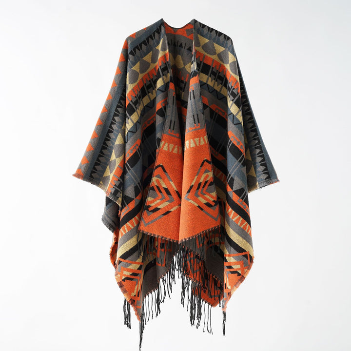 Damen Gewebter Fransenponcho mit Ethno-Jacquard und Oversize-Fall Echo Archiv