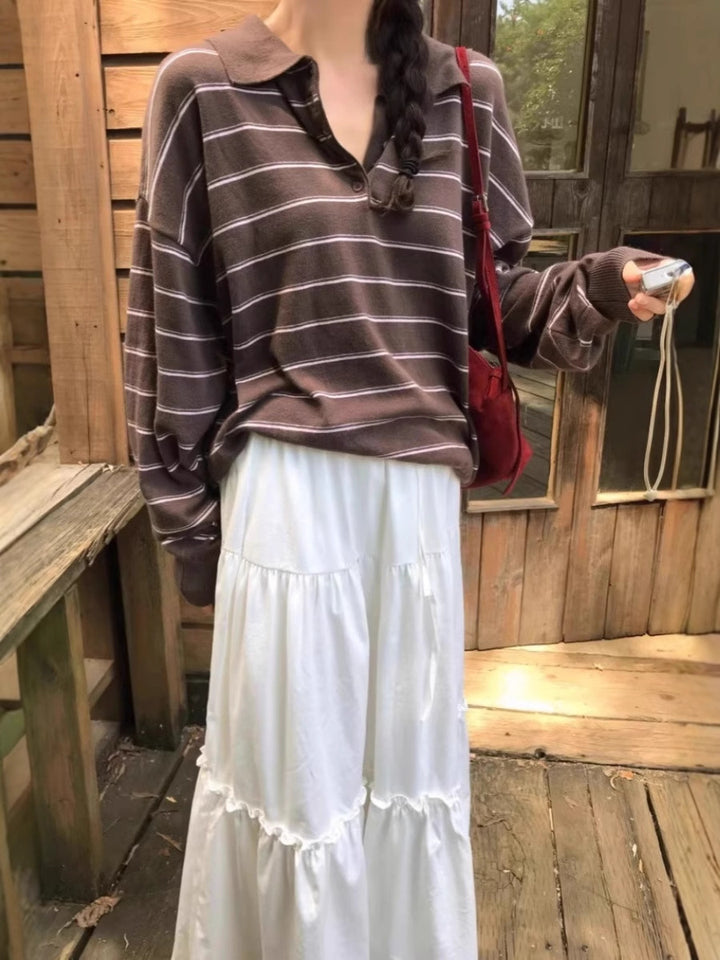Damen Oversize-Polokragen-Strickpullover mit Streifen und halber Knopfleiste Echoarchiv
