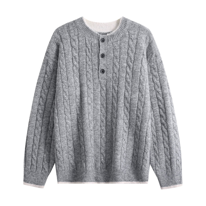 Damen Zopfmuster-Henley-Pullover mit Rundhalsausschnitt & Knopfleiste Echoarchiv