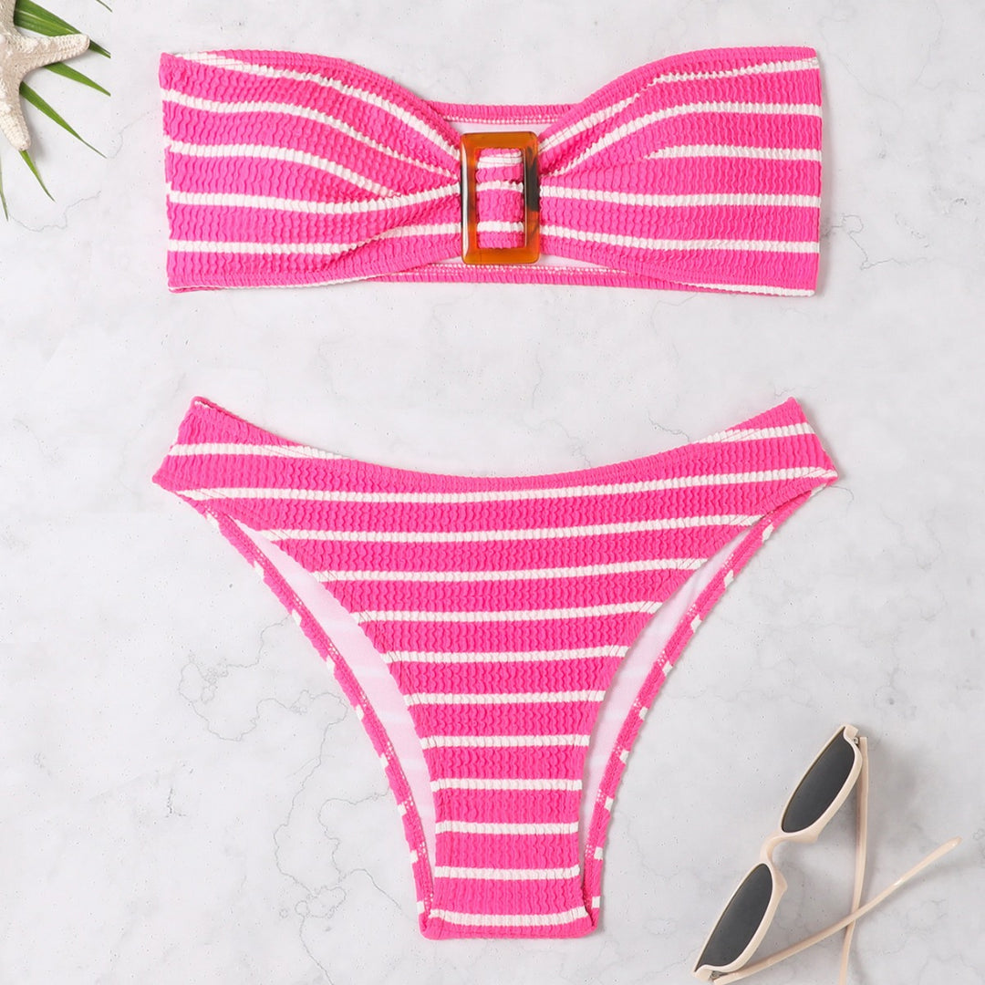 Damen Bandeau-Bikini mit modischem Streifenmuster und dekorativer Schnalle Echo Archiv