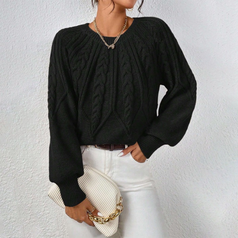 Damen nan kurzer Zopfmuster-Strickpullover mit Ballonärmeln und geripptem Saum Echo Archiv