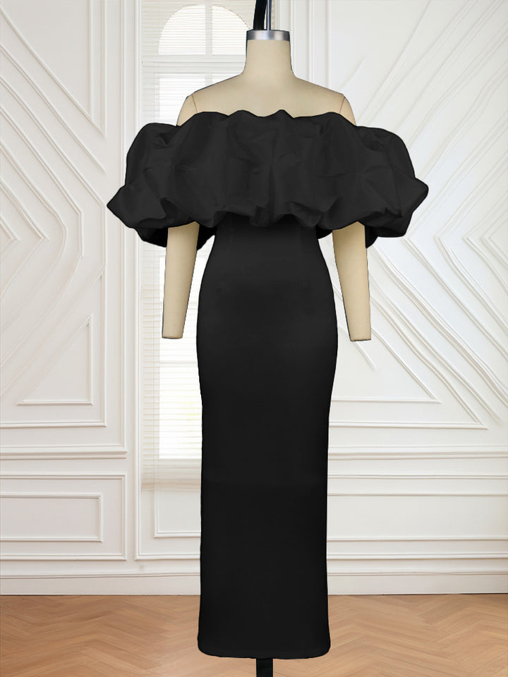 Damen Elegantes Off-Shoulder Maxikleid mit voluminösen Rüschensäumen Echo Archiv