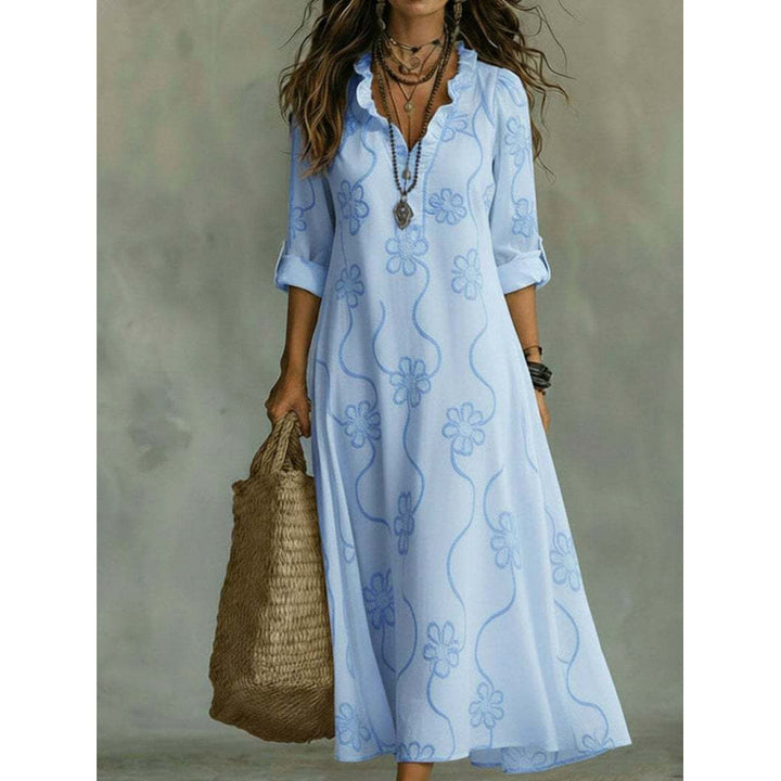 Damen Langes Boho-Maxikleid mit Blumenstickerei und V‑Ausschnitt Echoarchiv