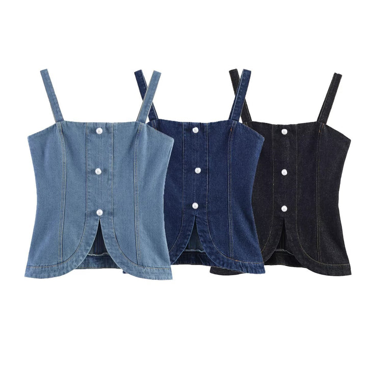 Damen Denim-Cami mit tailliertem Schnitt und dekorativen Knöpfen Echo Archiv