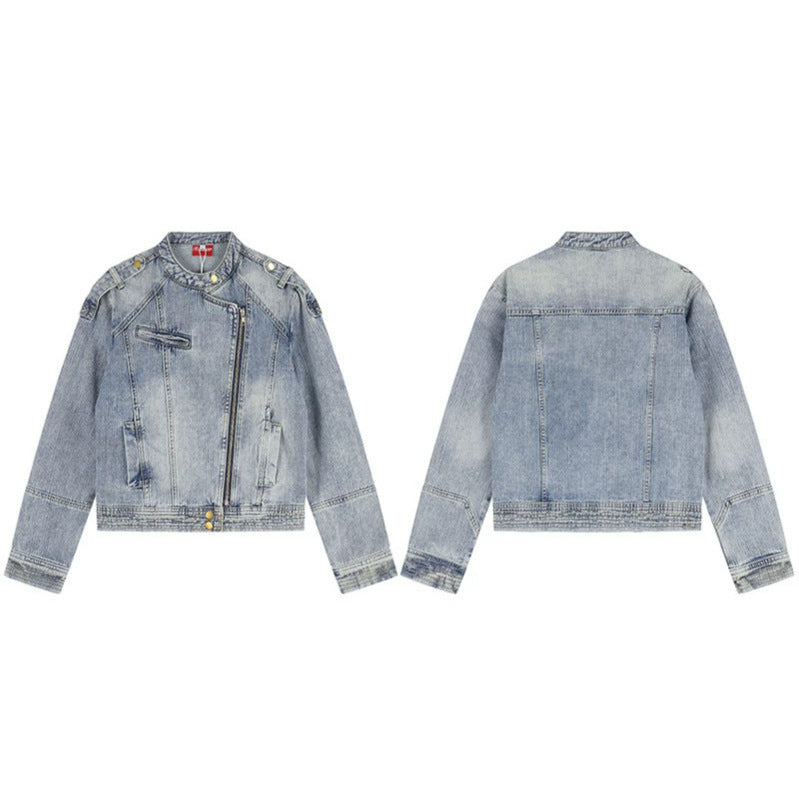 Damen asymmetrische Jeansjacke im Bikerstil mit Stehkragen und diagonalem Reißverschluss Echoarchiv