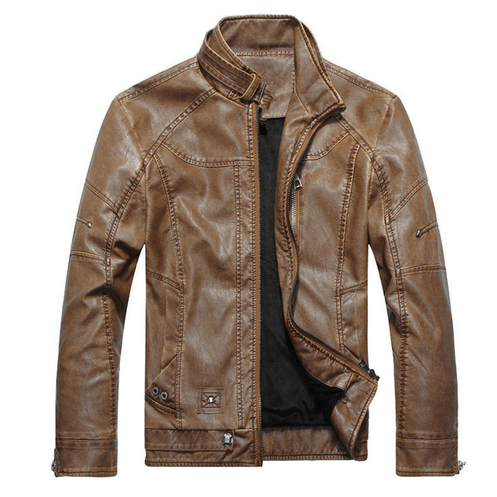 Herren Lederjacke im Bikerstil mit Stehkragen und Ziernähten – Valtoré