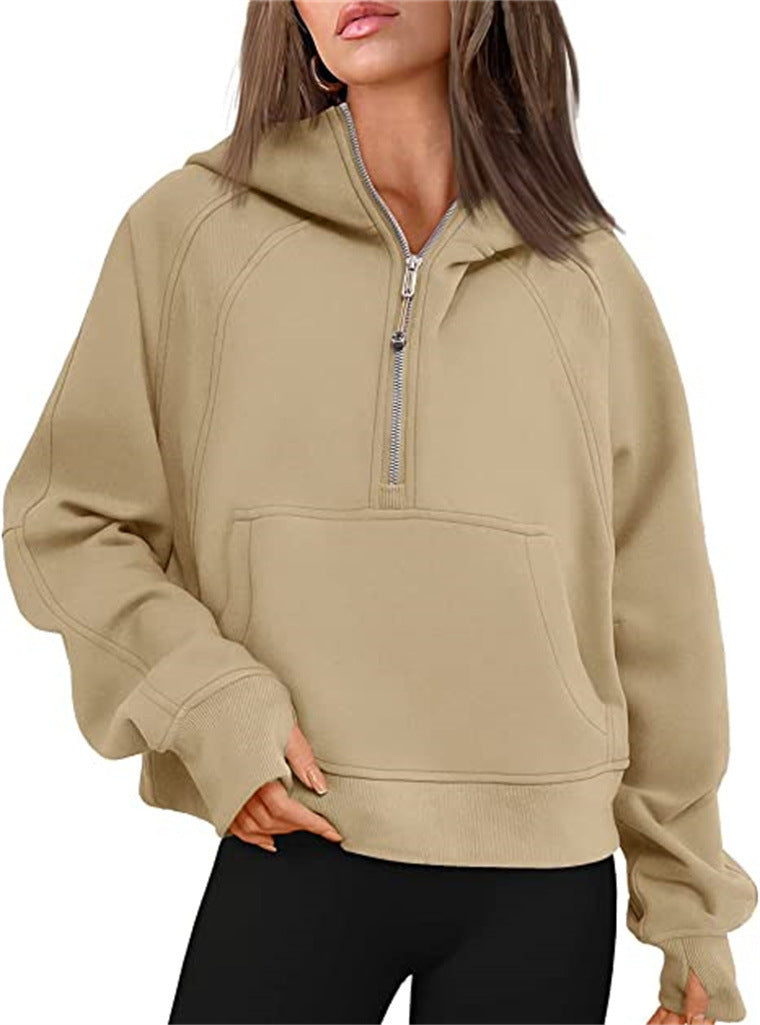 Damen Oversize-Hoodie mit halbem Reißverschluss, Kängurutasche und Daumenlöchern – Auréline