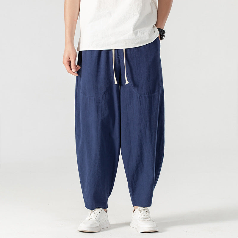 Herren Lässige Leinen-Baumwoll-Hose mit weitem Bein, Kordelzug und aufgesetzten Taschen Echoarchiv