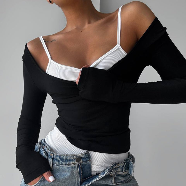 Damen nan tailliertes Longsleeve-Cropped-Top mit eckigem Ausschnitt und doppelten Spaghettiträgern Echo Archiv